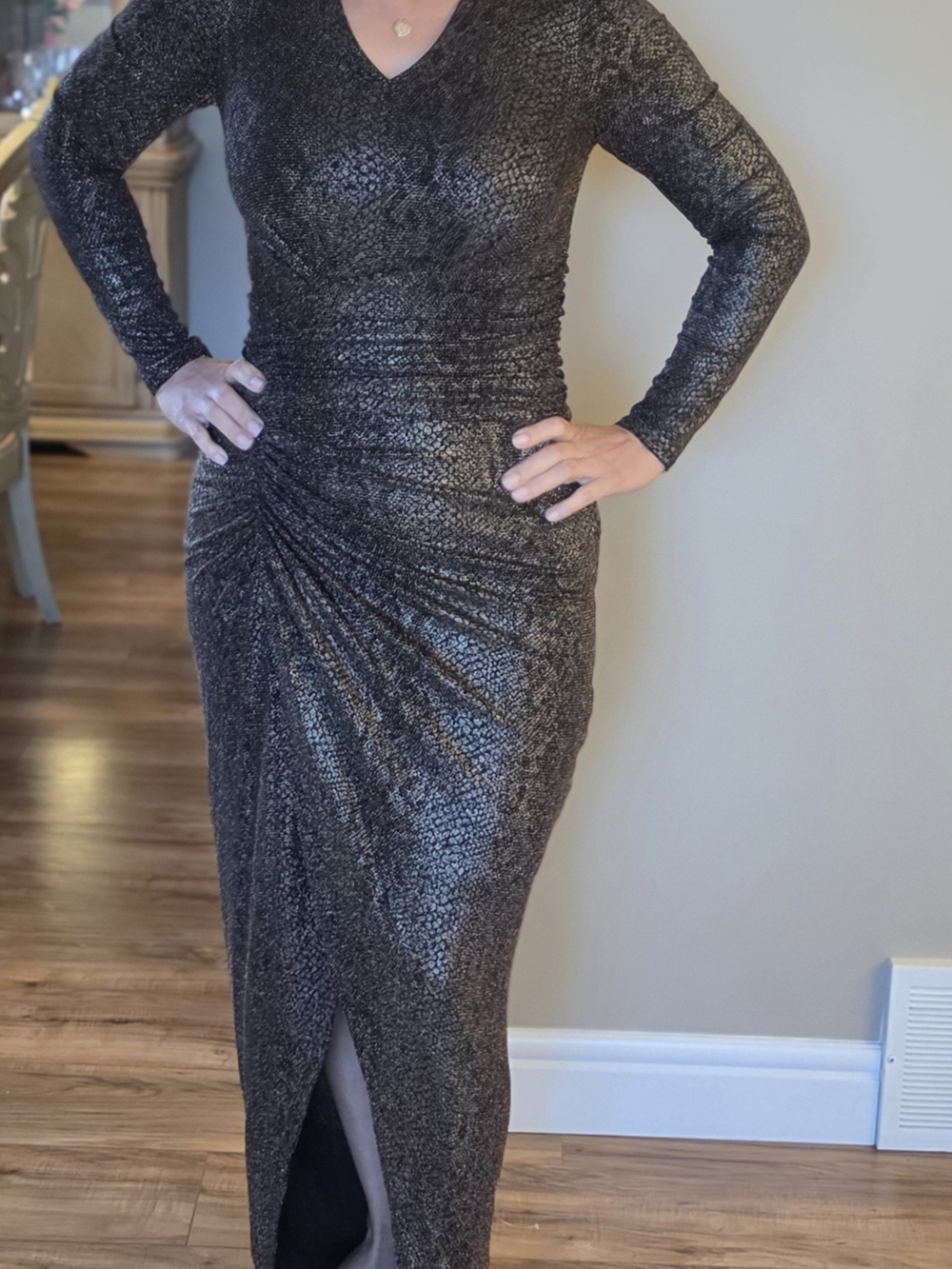 Metallic Black Long Sleeve Ruched Evening Dress
